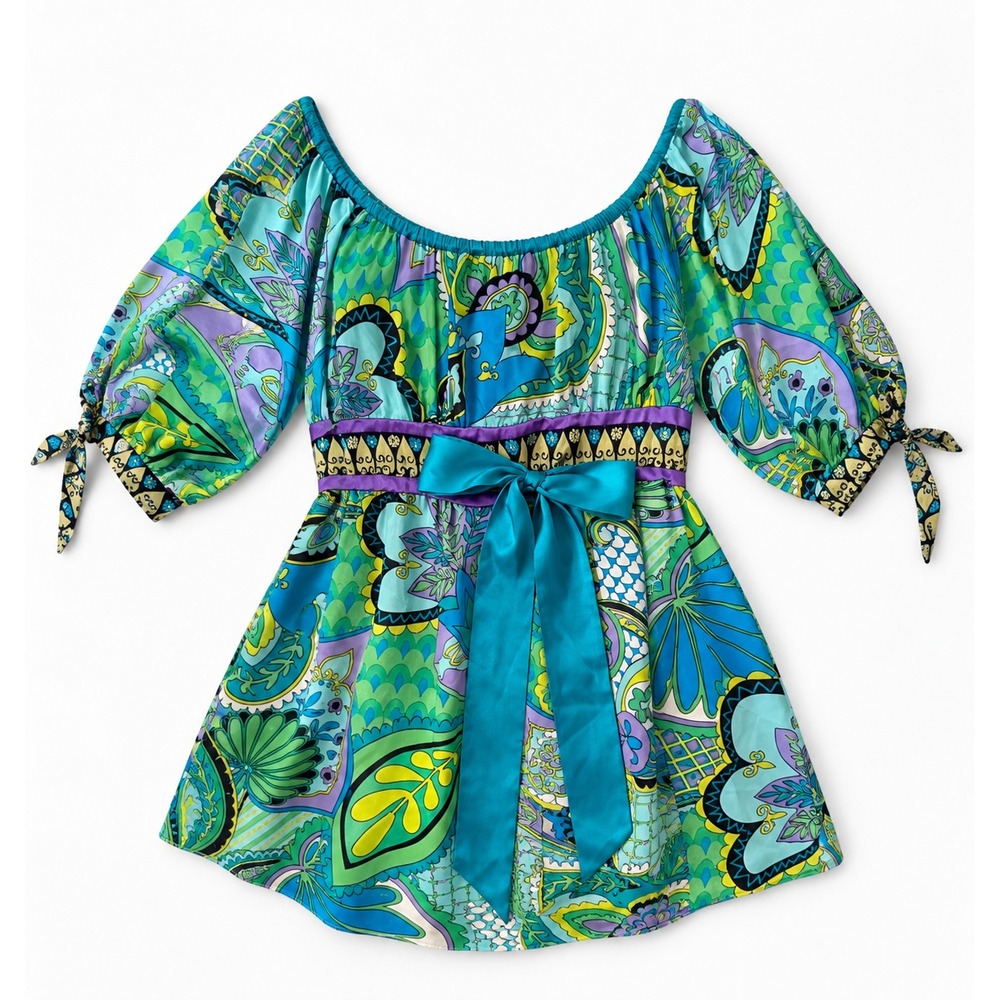 Hale Bob 100% Silk Paisley Tunic Blouse Turquoise Purple Tie Waist Size Small